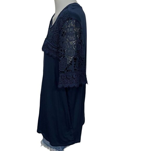 Adrianna Papell Navy Blue Top Shirt Lace Sleeves And Neckline Overlay Size Small - Picture 6 of 11